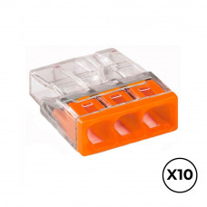 Conector rápido 3 conductores rígidos, ø máximo 2,5 mm², transparente / naranja. contiene 10 unidades